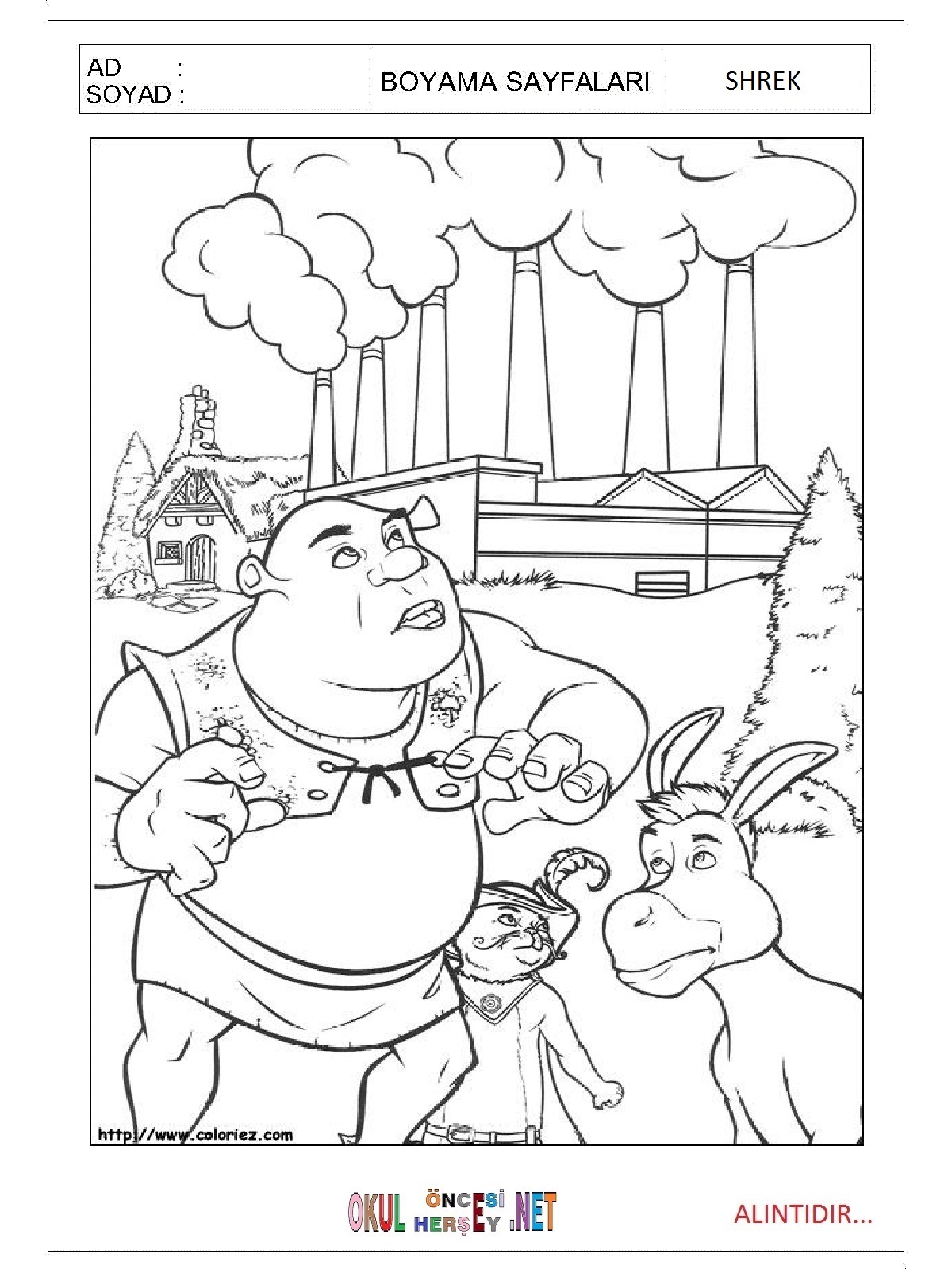Çocuklar İçin Shrek Boyama Sayfaları 