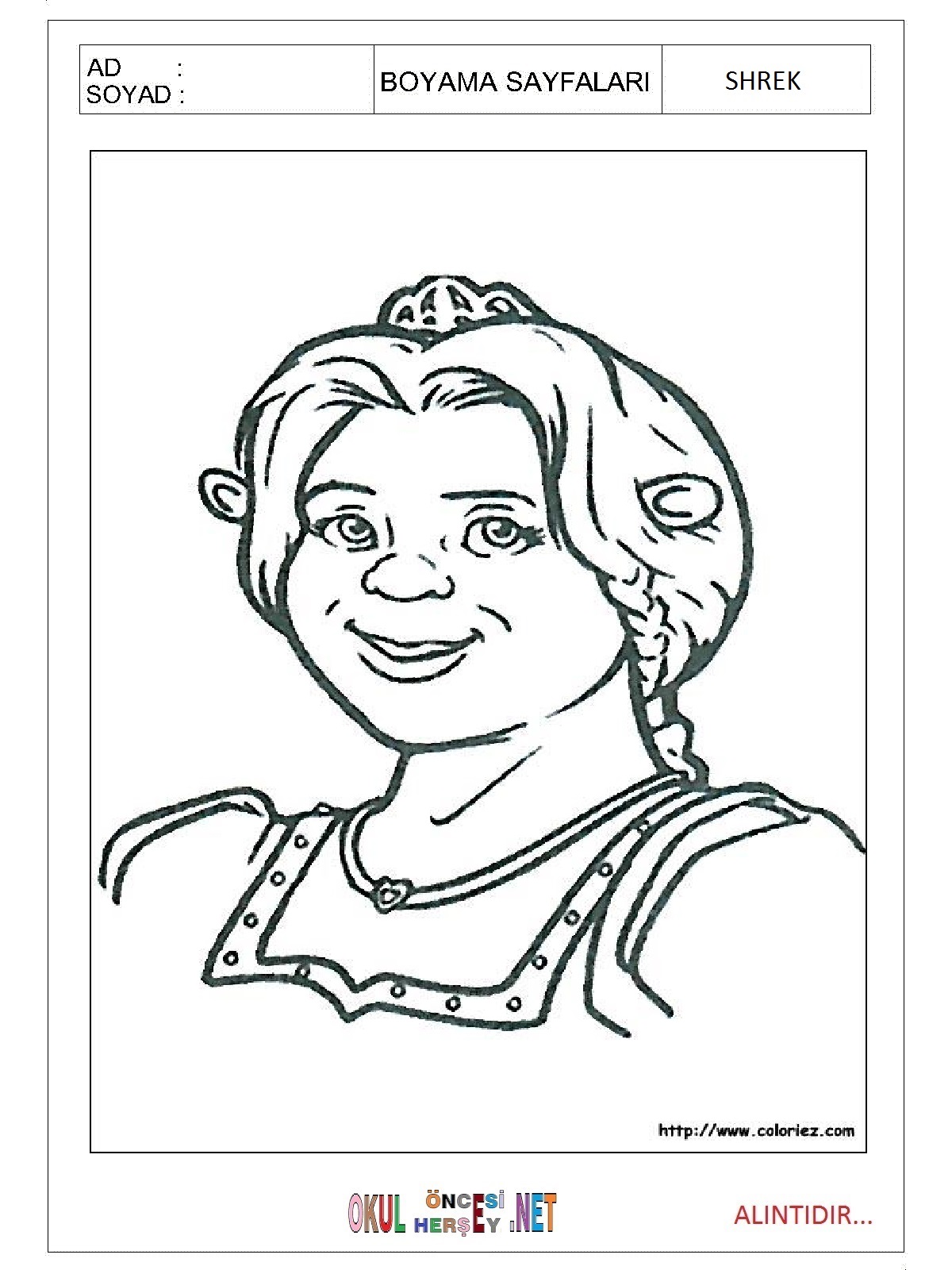Çocuklar İçin Shrek Boyama Sayfaları 