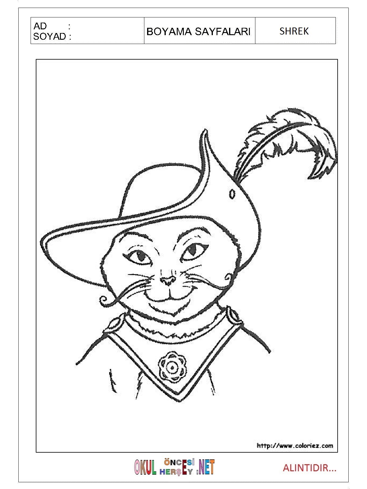 Çocuklar İçin Shrek Boyama Sayfaları 