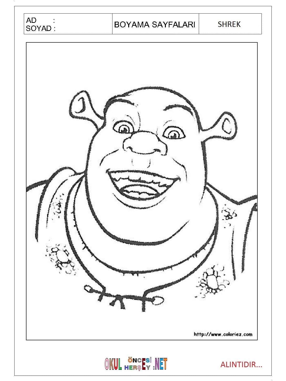 Çocuklar İçin Shrek Boyama Sayfaları 