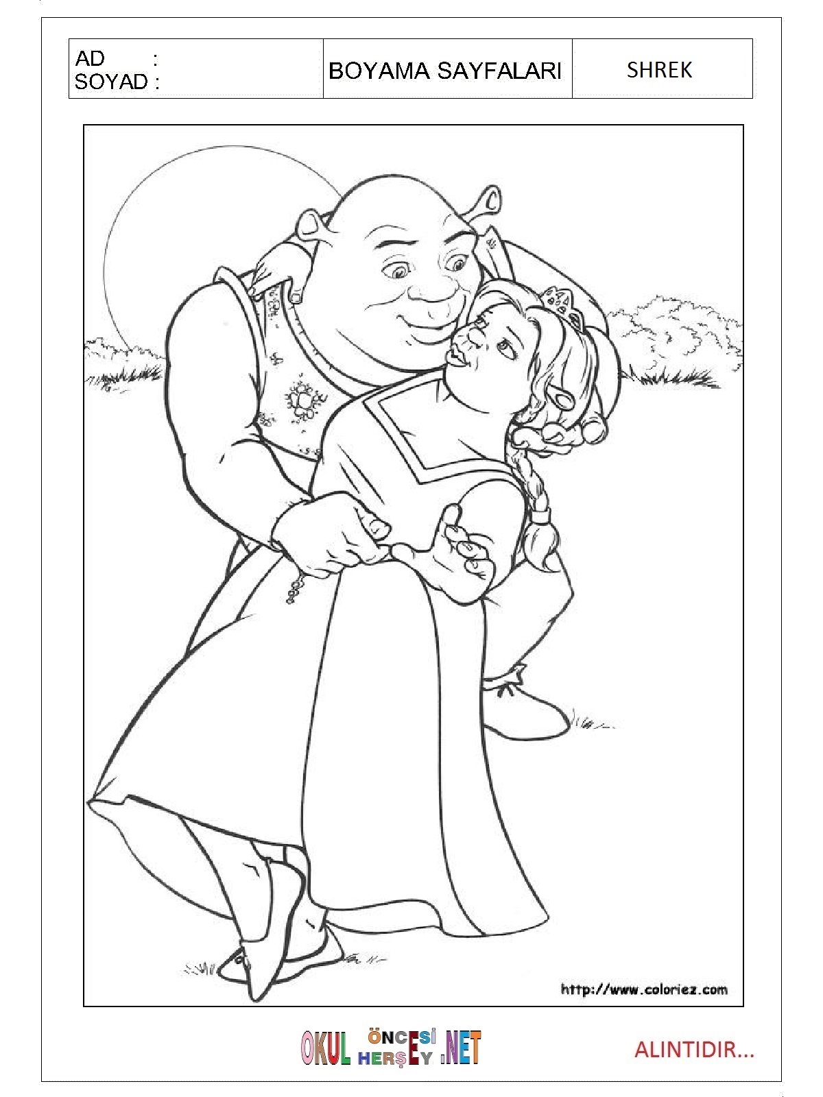 Çocuklar İçin Shrek Boyama Sayfaları 