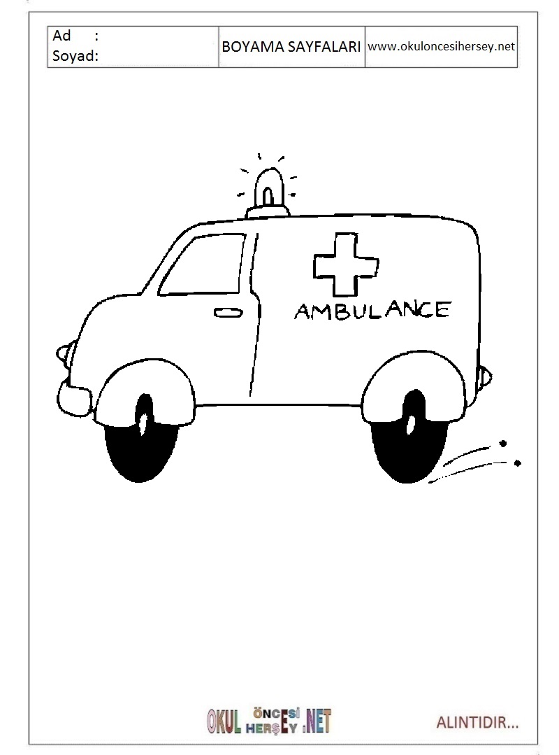 Çocuklar İçin Ambulans Boyama Sayfaları 
