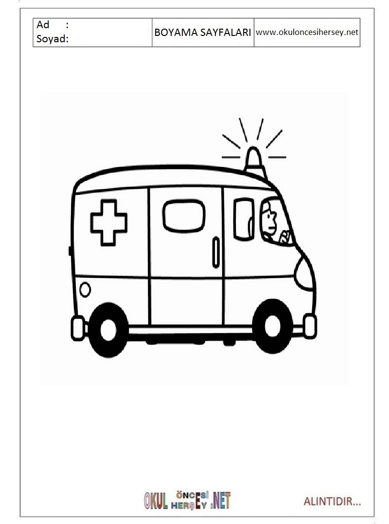 Çocuklar İçin Ambulans Boyama Sayfaları 