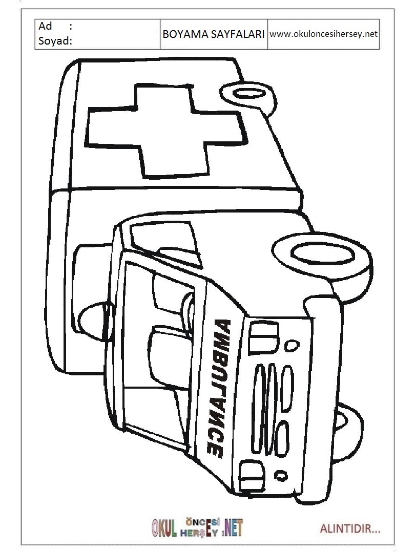 Çocuklar İçin Ambulans Boyama Sayfaları 