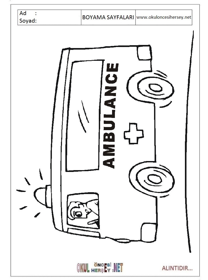 Çocuklar İçin Ambulans Boyama Sayfaları 