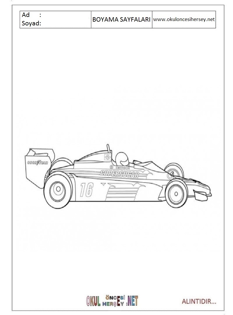 Çocuklar İçin F1-formula-1 Boyama Sayfaları 