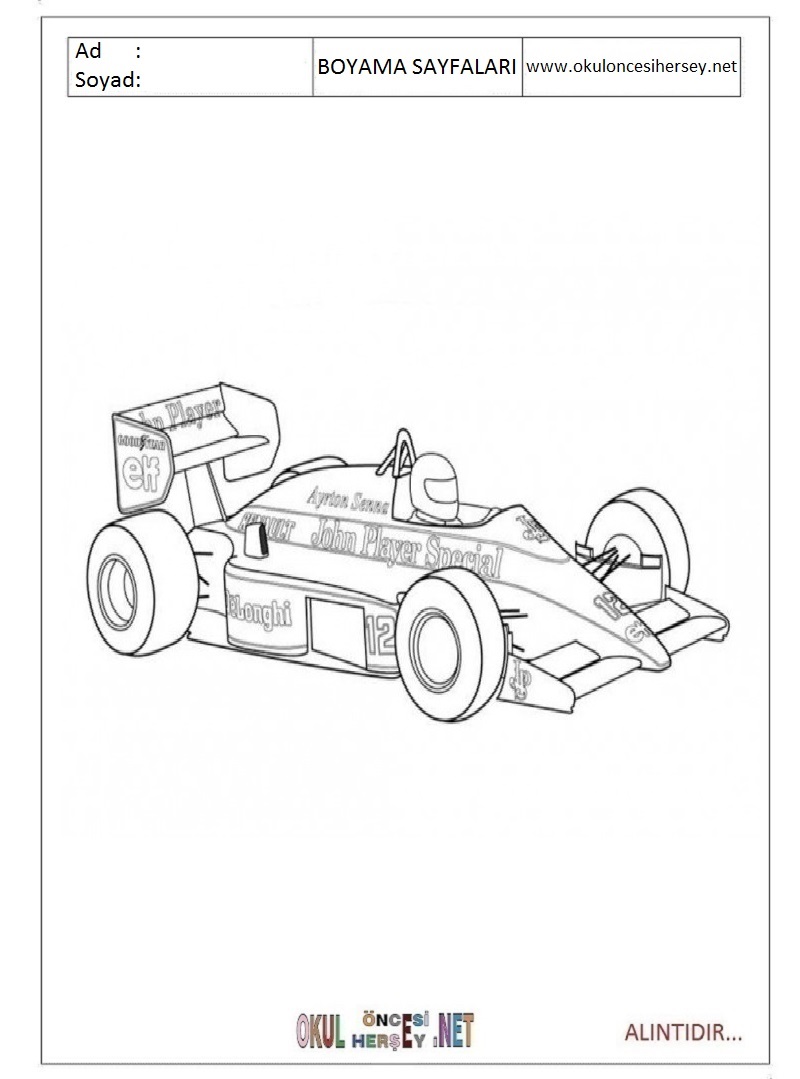 Çocuklar İçin F1-formula-1 Boyama Sayfaları 
