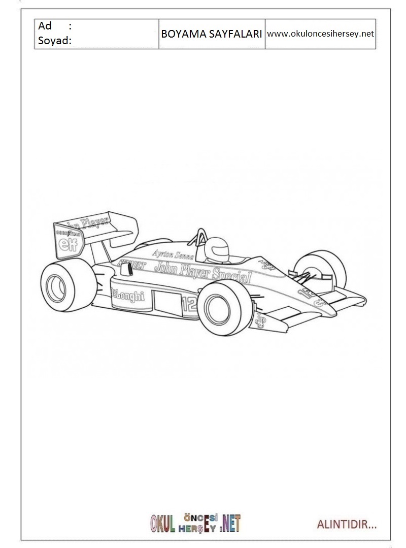 Çocuklar İçin F1-formula-1 Boyama Sayfaları 