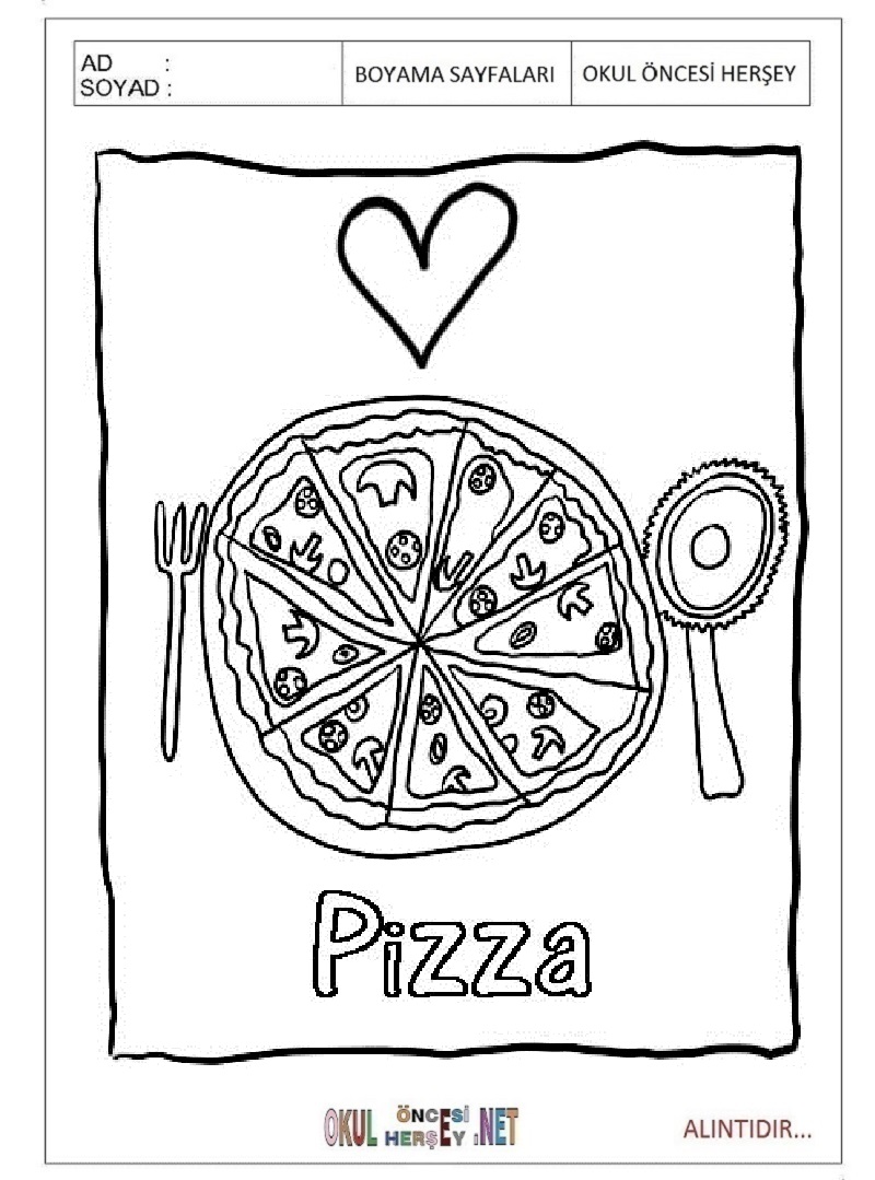 Çocuklar İçin Pizza Boyama Sayfaları 
