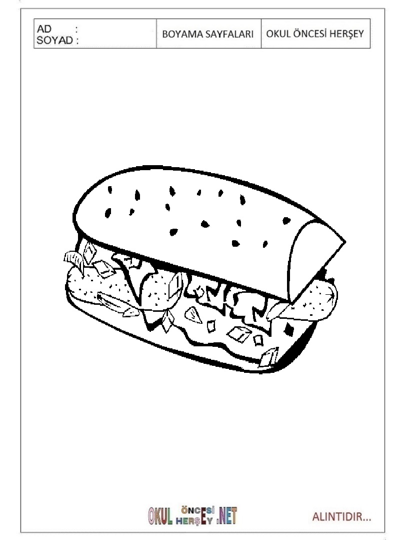 Çocuklar İçin Sandwich Boyama Sayfaları 
