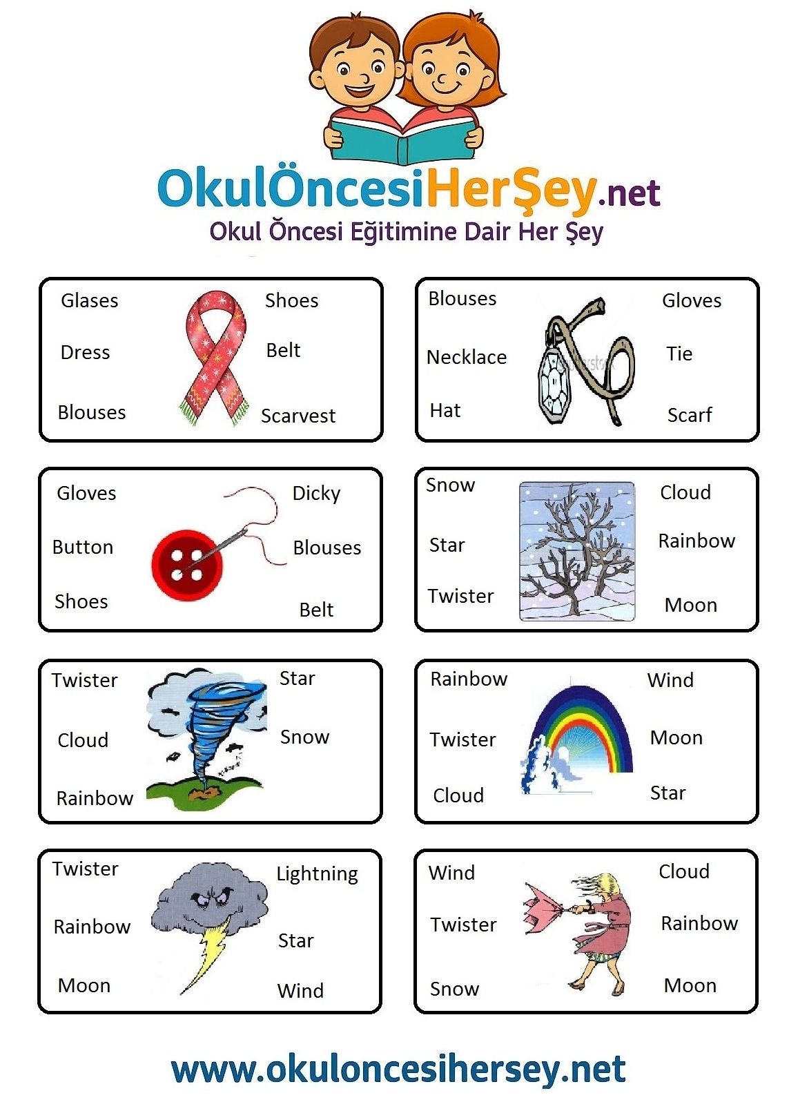 Çocuklar İçin   Doğru Kelimeyi Bul Çalışmaları  