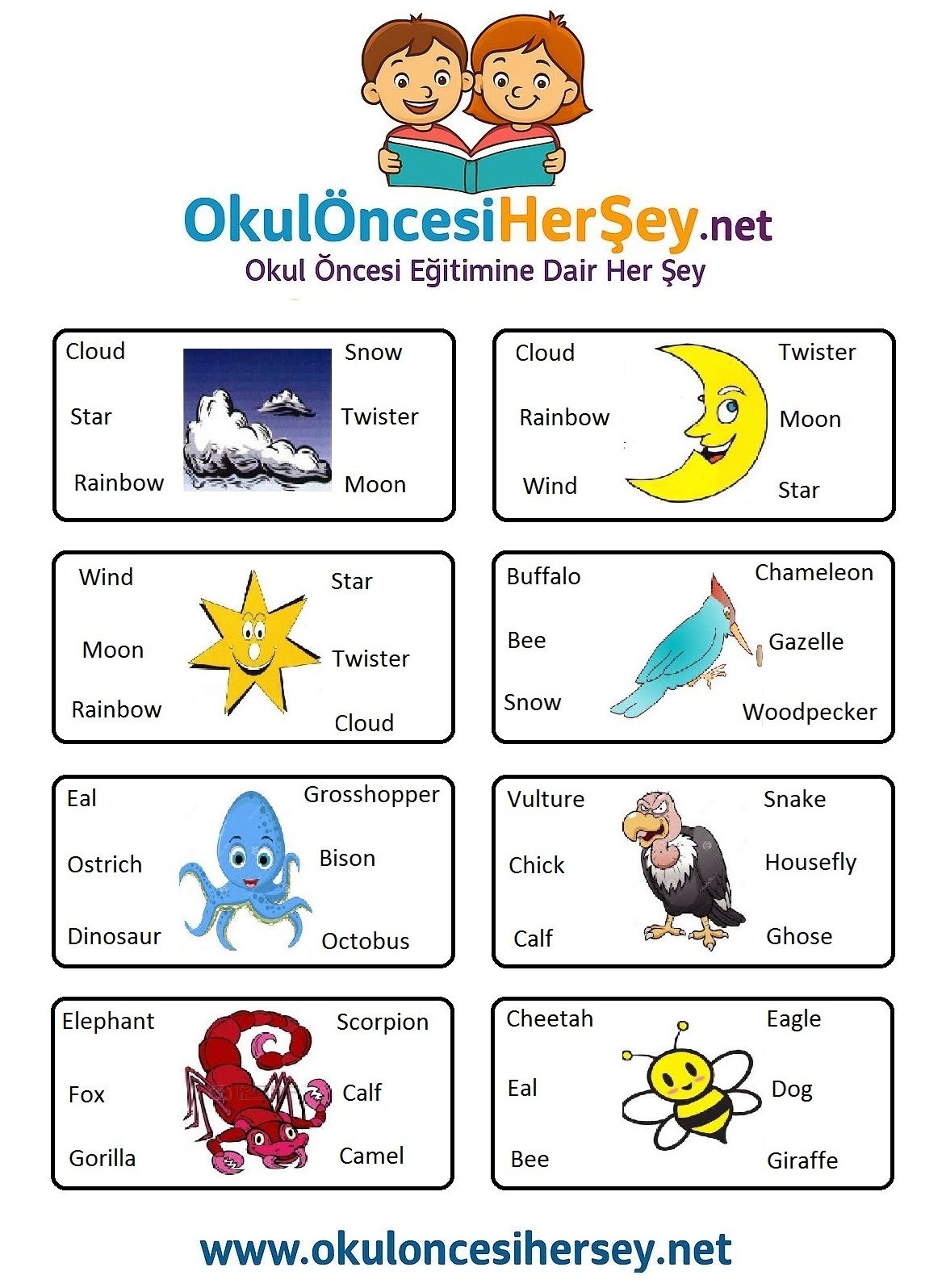 Çocuklar İçin   Doğru Kelimeyi Bul Çalışmaları  