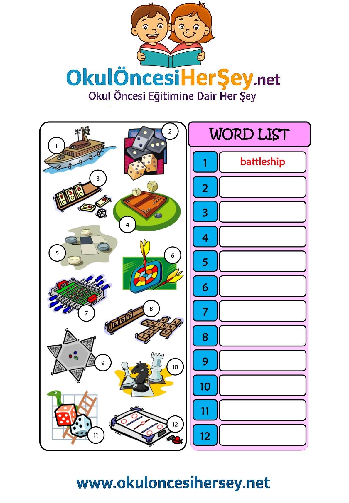 Çocuklar İçin   Doğru Kelimeyi Yaz  