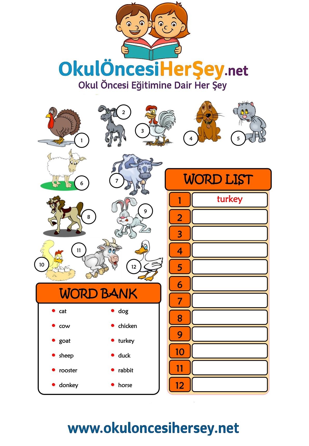 Çocuklar İçin   Kelimeyi Bul ve Yaz  